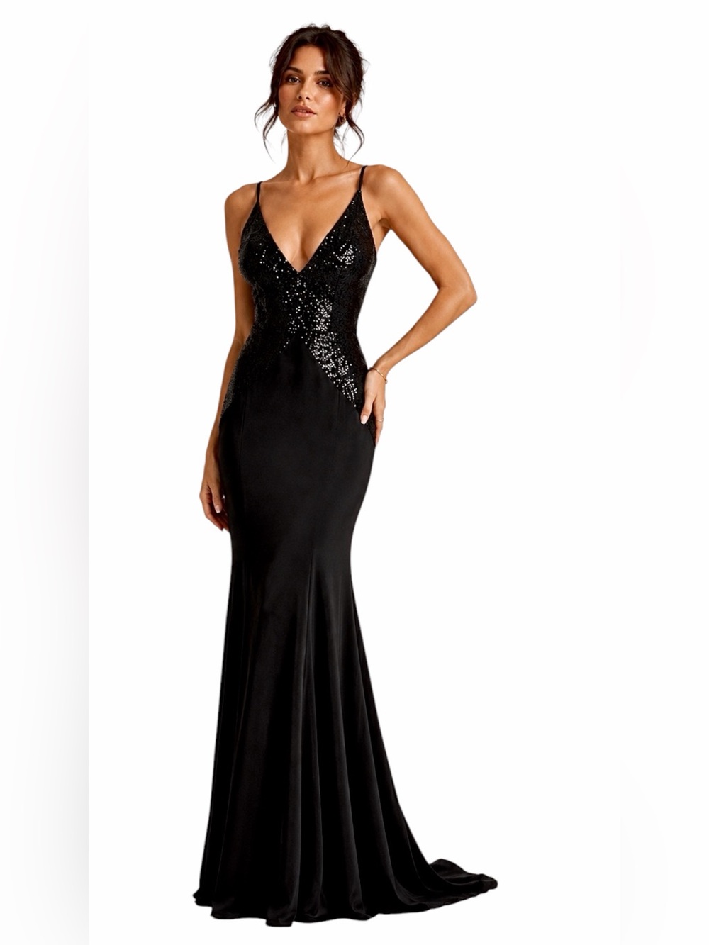 Dress the Population – Marlene Sequin Trumpet Gown – Black – Sz. M